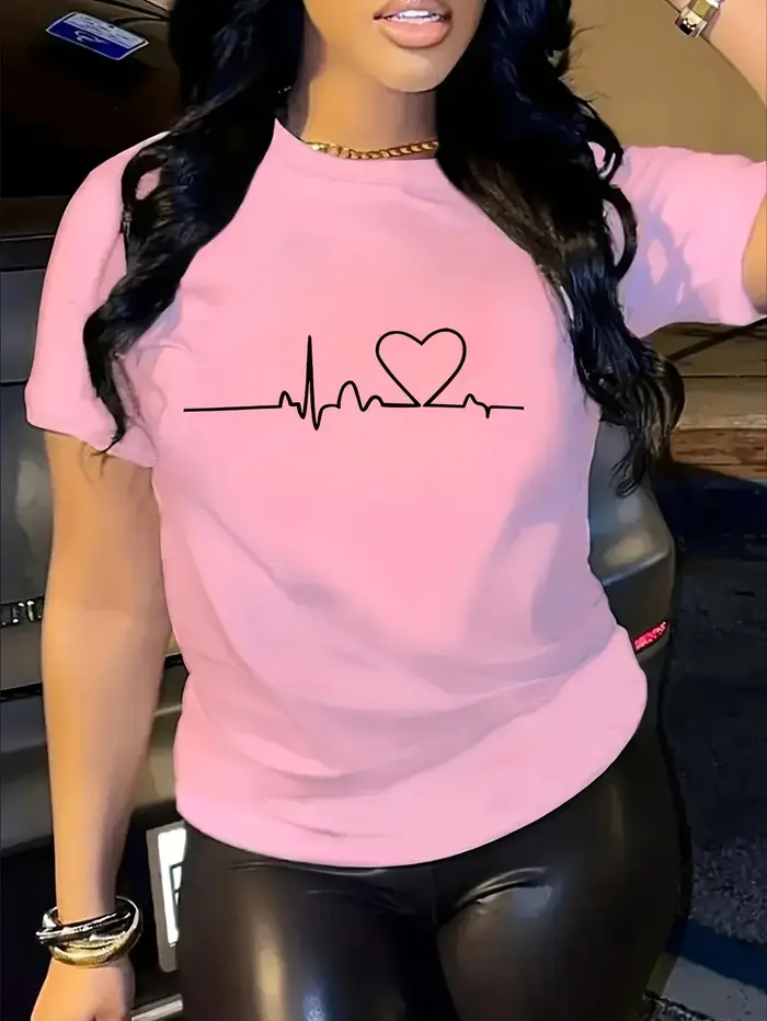 T-shirt imprimé cœur, manches courtes, col rond, haut décontracté pour l'été et le printemps, vêteme