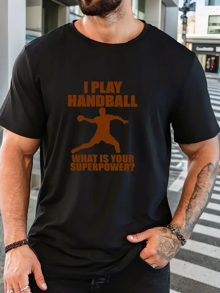 T-shirt noir à col rond pour homme, avec silhouette de joueur de handball marron, slogan sportif « I Play Handball », en coton doux, décontracté, pour le quotidien