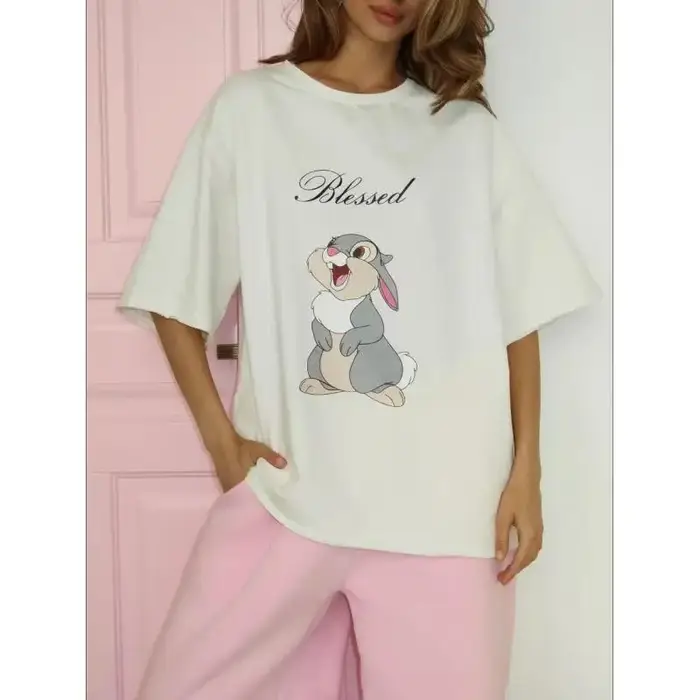 Kawaii lapin imprimé blanc 100% coton américain décontracté Streetwear femmes t-shirt à manches courtes col rond