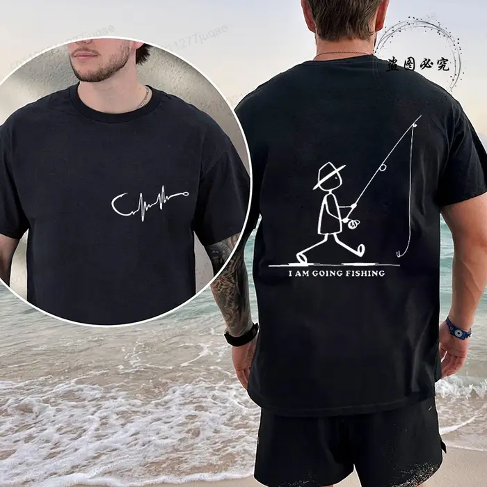 T-shirt graphique de pêche pour homme noir avec imprimé pêcheur devant et derrière – T-shirt d'été pour pêcheur – Hauts personnalisés pour homme