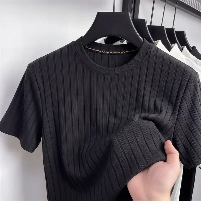 T-shirt côtelé à col rond pour homme, manches courtes, style décontracté confortable, conçu pour un 