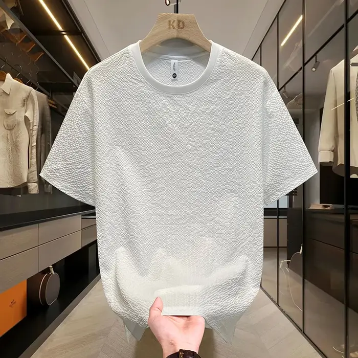 T-shirt d'été en Seersucker texturé pour hommes, coupe cintrée, col rond, manches courtes, léger et 