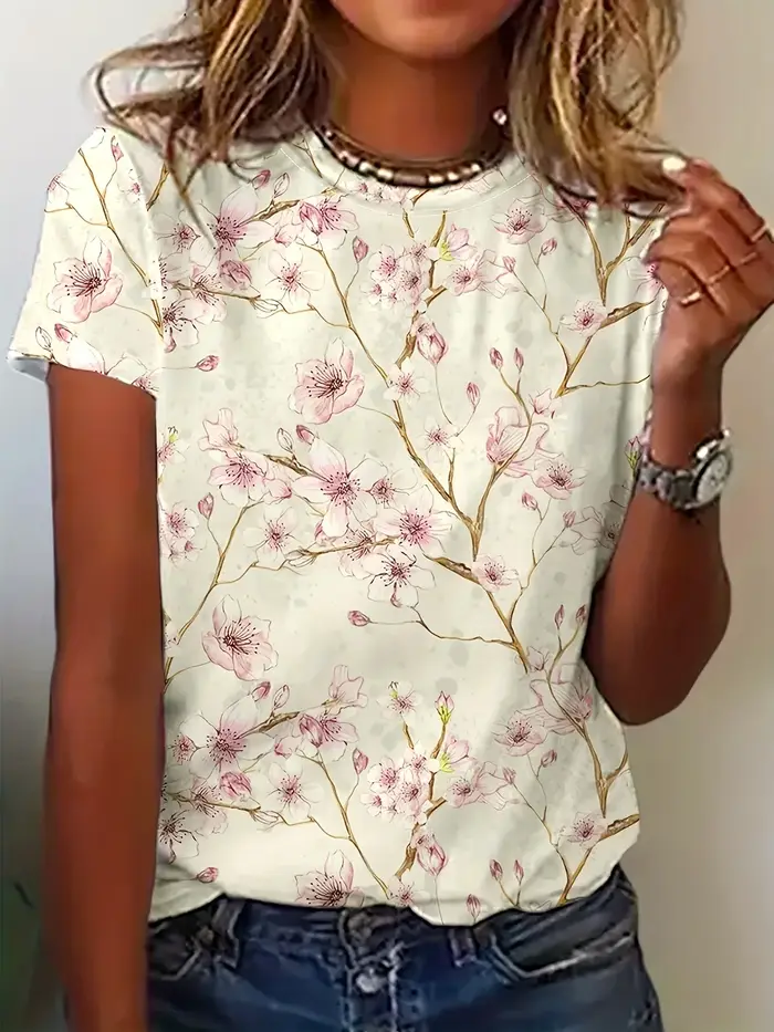 T-shirt vert pâle pour femme - Motif branche de cerisier
