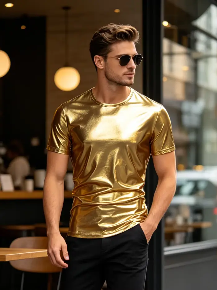 T-shirt à manches courtes brillant doré pour homme