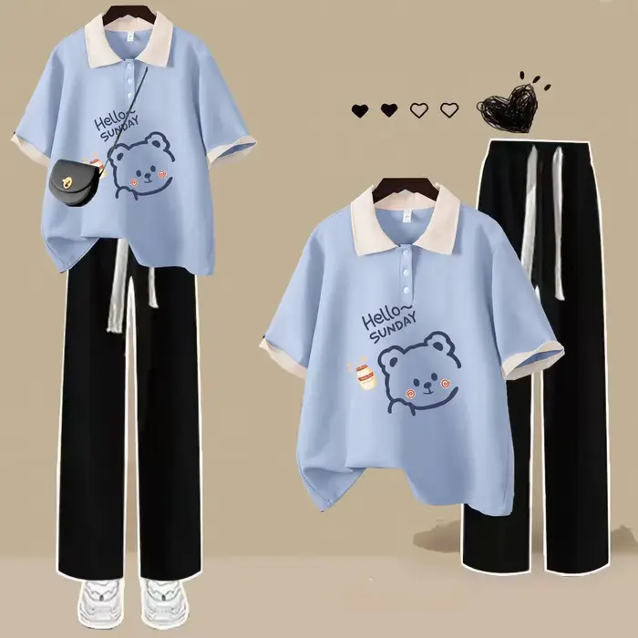 Mode col Polo à manches courtes T-shirt mignon ours en peluche haut ample femmes