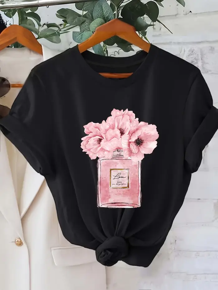 T-Shirt imprimé Floral pour femmes, Design de fleurs de Paris, haut décontracté à col rond et manches courtes, chemises Wea toutes saisons pour femmes y2k