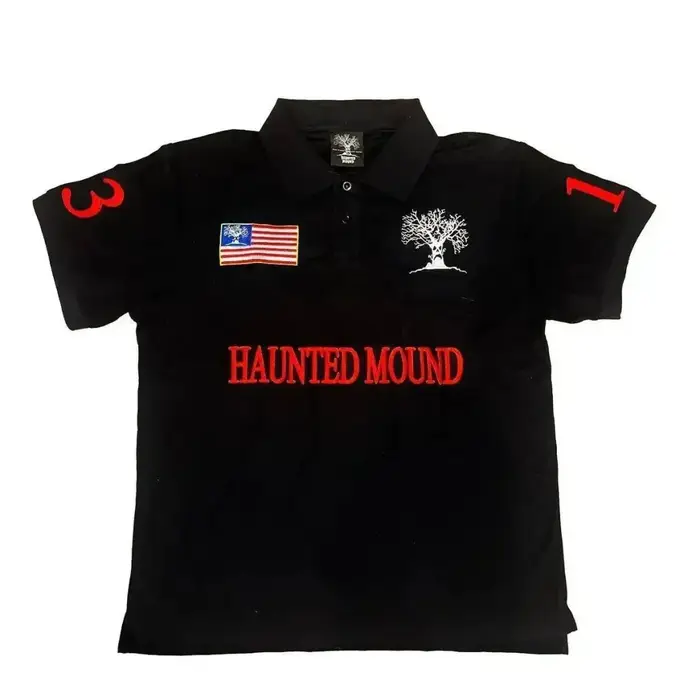 T-shirt Polo Rouge Brodé Racing Haunted Mound, Style Hiphop Rétro, Motif Tête de Citrouille et Lettr
