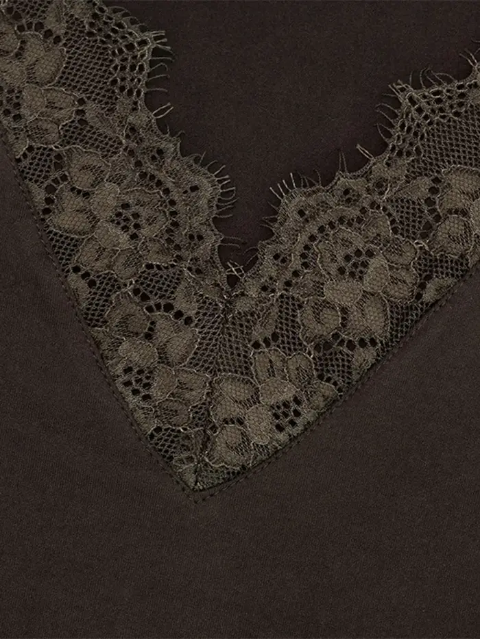 T-shirt à manches longues en dentelle à col en V pour femmes