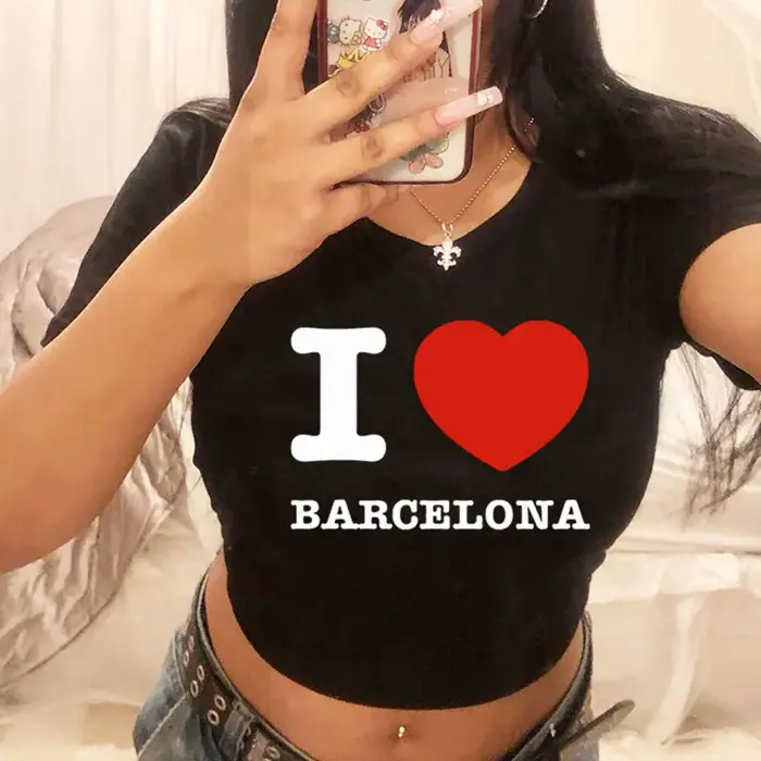 J'aime Barcelone femmes T-Shirt été Harajuku haut court Sexy vêtements de fête col rond recadrée nom