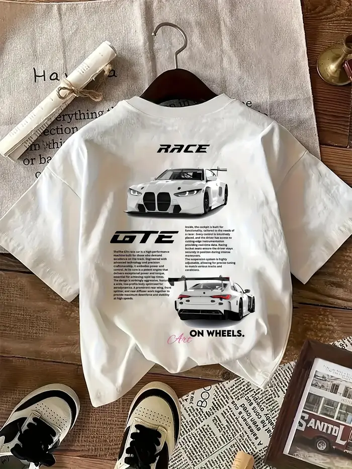T-shirt en coton blanc pour homme, imprimé graphique voiture de course GT, streetwear, hip hop, déco
