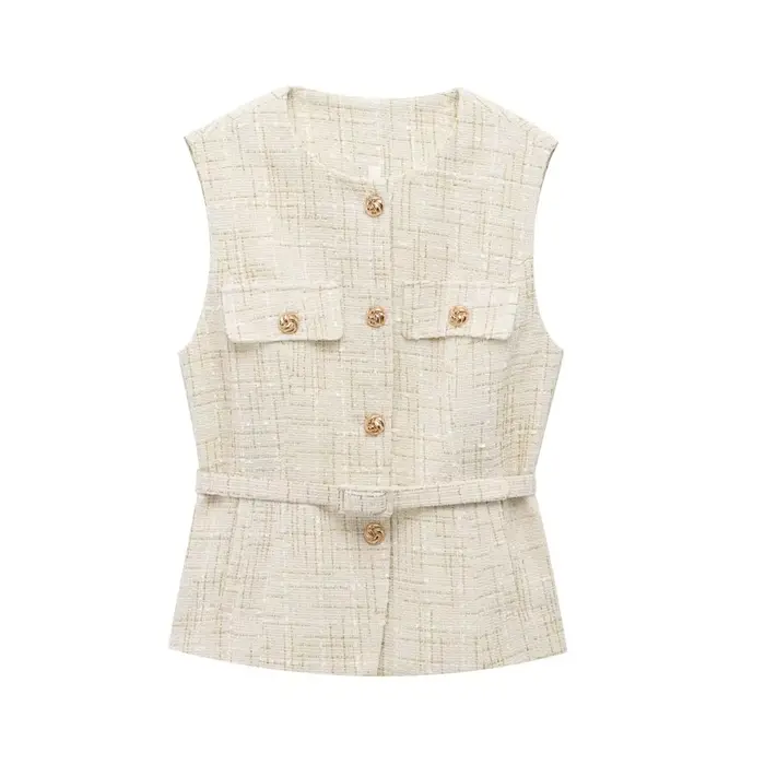 Gilet en Tweed avec ceinture pour femmes, col rond, sans manches, bouton sur le devant, vêtements d'
