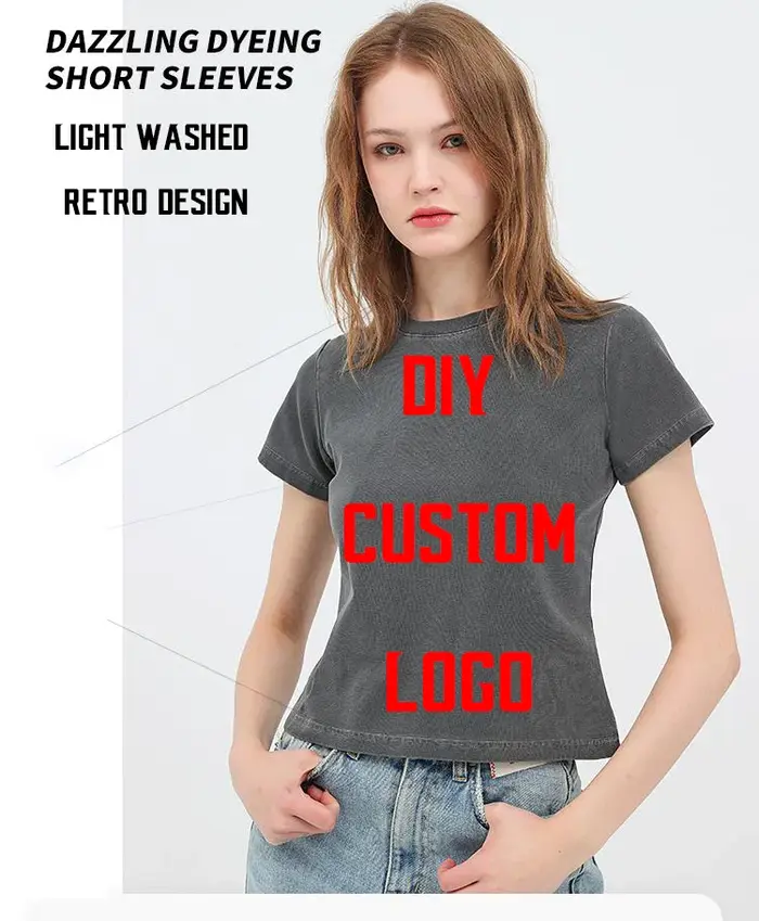 Femmes bricolage LOGO personnalisé 240GSM couleur unie mince lavé T-Shirt doux coton