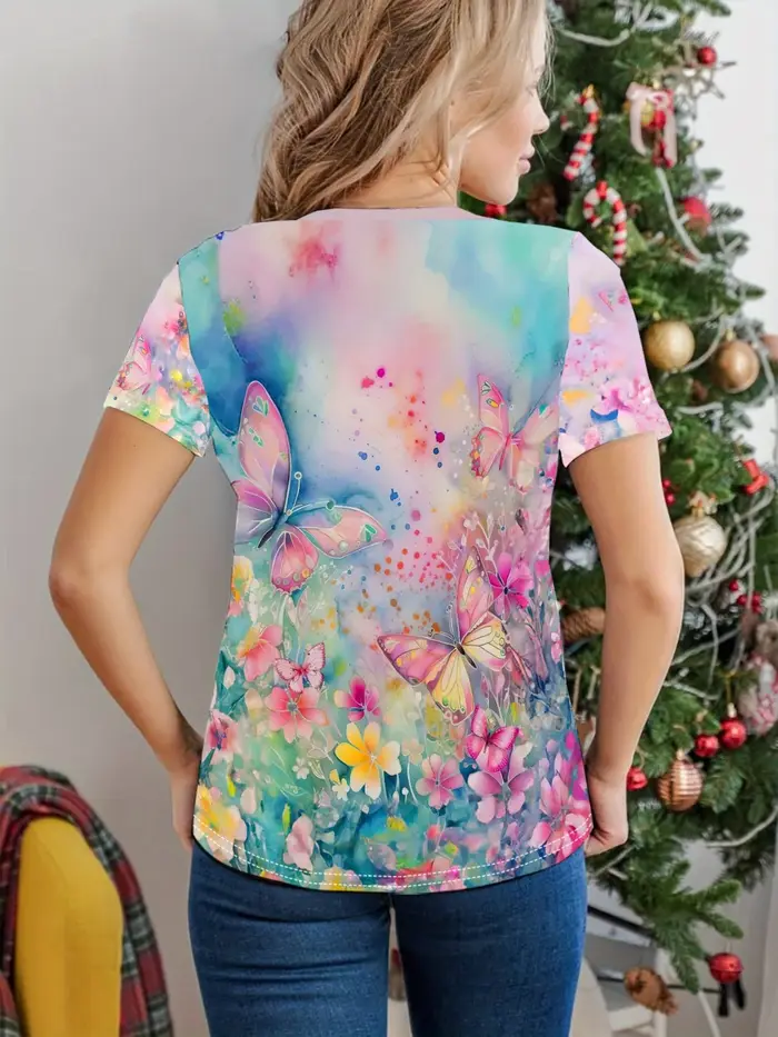 T-shirt pour femme - Motif papillon rose et aquarelle florale