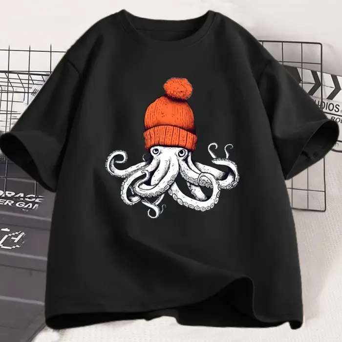 T-shirt décontracté à manches courtes et col rond, motif japonais, avec un pieuvre à chapeau orange,