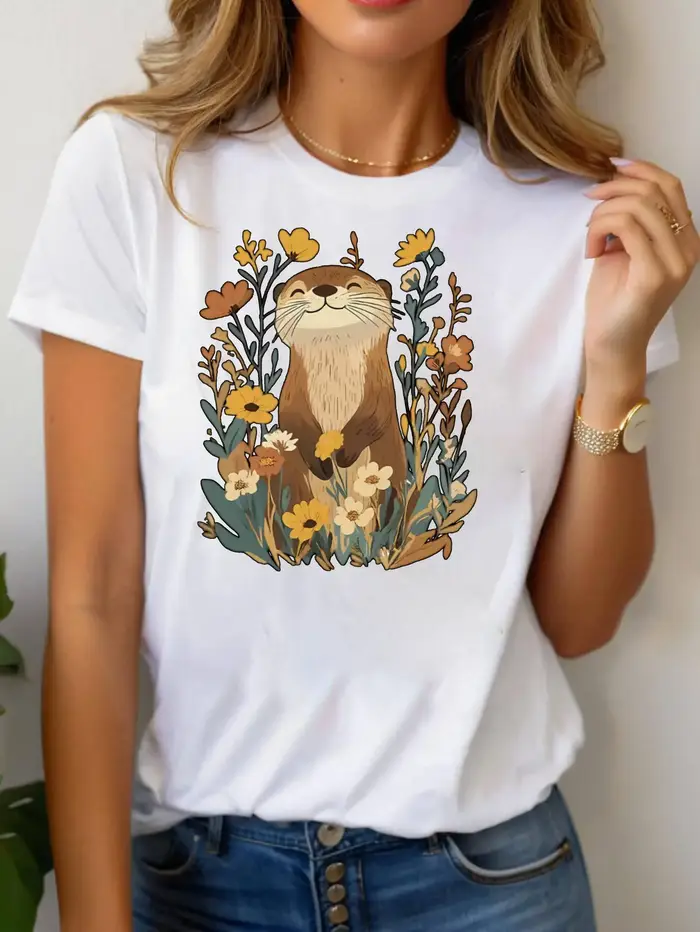 T-shirt pour femme avec imprimé de loutre de dessin animé et de fleurs, décontracté, pour usage quot