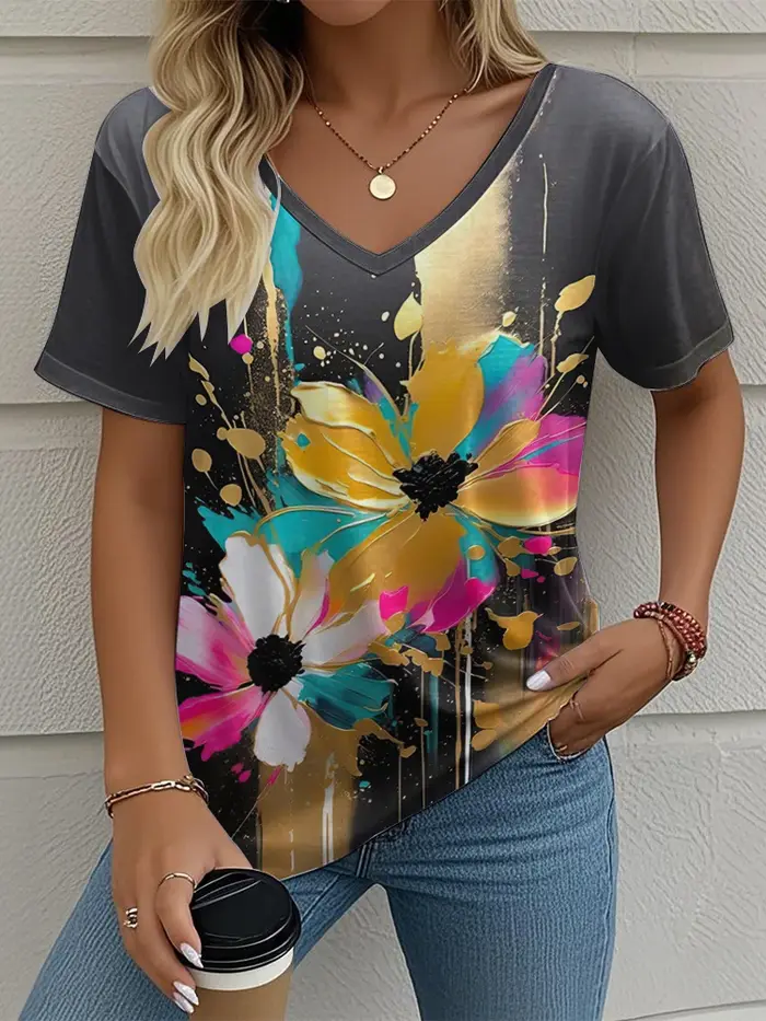 T-Shirt femme motif Floral imprimé décontracté col rond manches courtes hauts rue mode surdimensionné t-shirts vêtements pour femmes