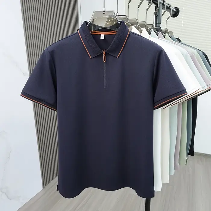Light luxe couleur solide manches courtes polo chemise homme été glace soie respirable affaires décontractée mode zipper Le col renversé T-shirt
