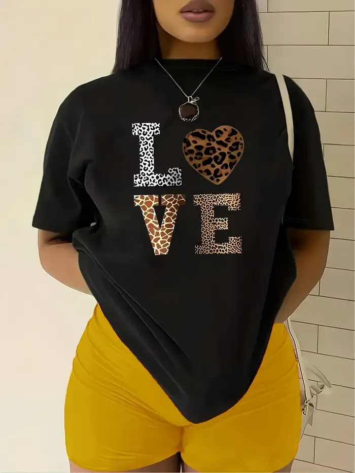 Mode blanc "amour" motif coeur léopard T-shirt-décontracté col rond manches courtes T-shirt style décontracté
