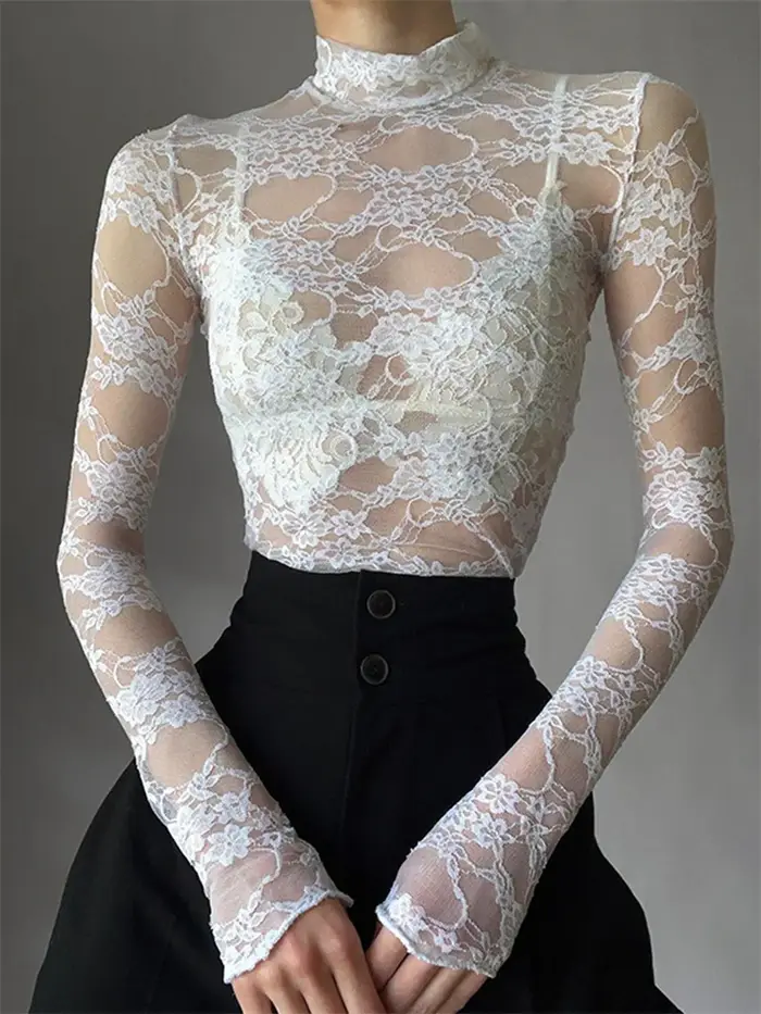 T-shirt à manches longues en dentelle florale pour femmes