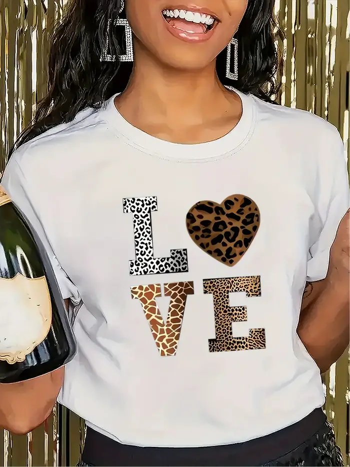 Mode blanc "amour" motif coeur léopard T-shirt-décontracté col rond manches courtes T-shirt style dé