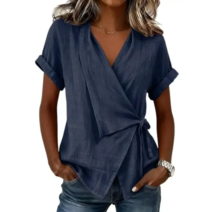 T-shirt Femme Nouveau Style Décontracté Col Montant à Nouer Col en V Asymétrique Manches Courtes avec Liens Latéraux Coupe Ample Irrégulière
