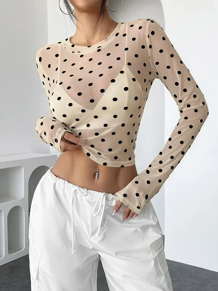 Femmes à pois à manches longues hauts en maille Sexy voir à travers des chemisiers transparents chemises sortie haut