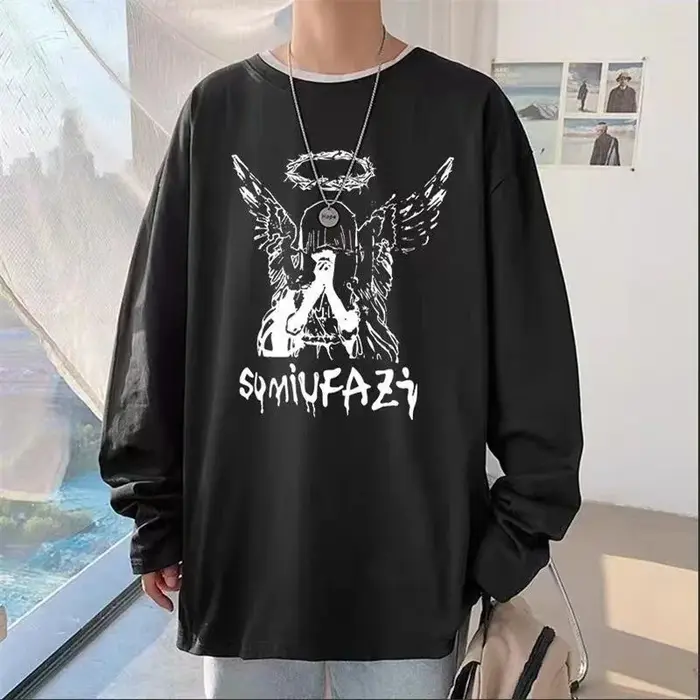 T-shirt homme manches longues, printemps 2025, streetwear anime, col rond, hip-hop, ample, vintage, oversize, Y2k, automne