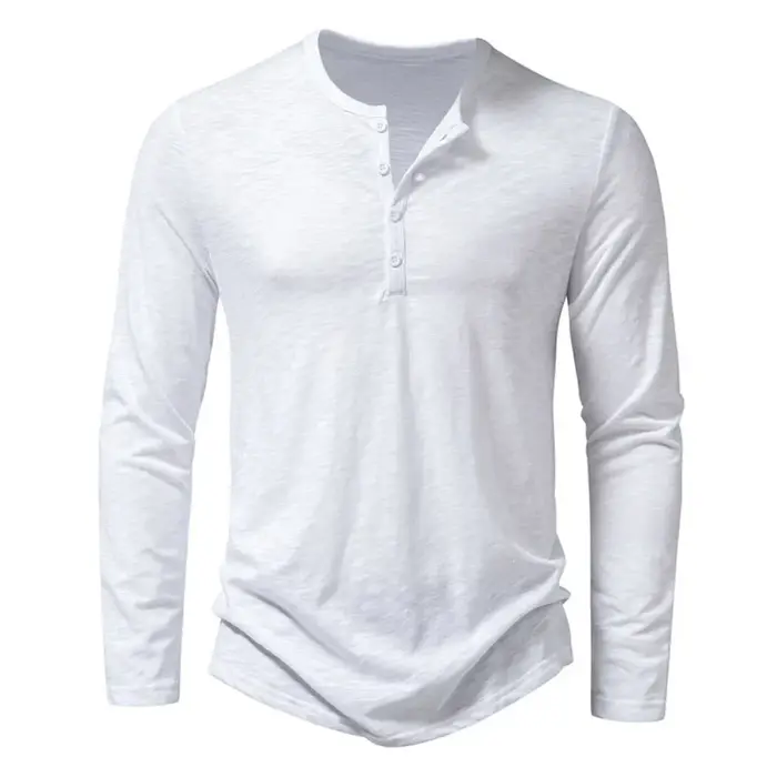T-Shirt à Manches sulfet Col Henley en Coton pour Homme, Décontracté, Solide, Respirant, Polyvalent,