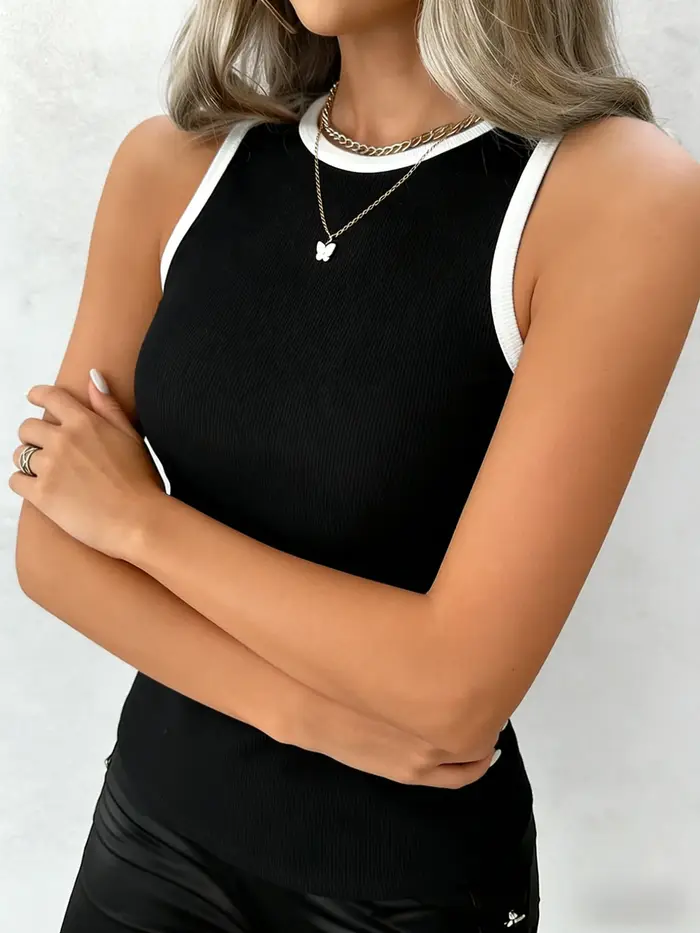 Débardeur côtelé sport pour femme - T-shirt sans manches à bordure contrastante