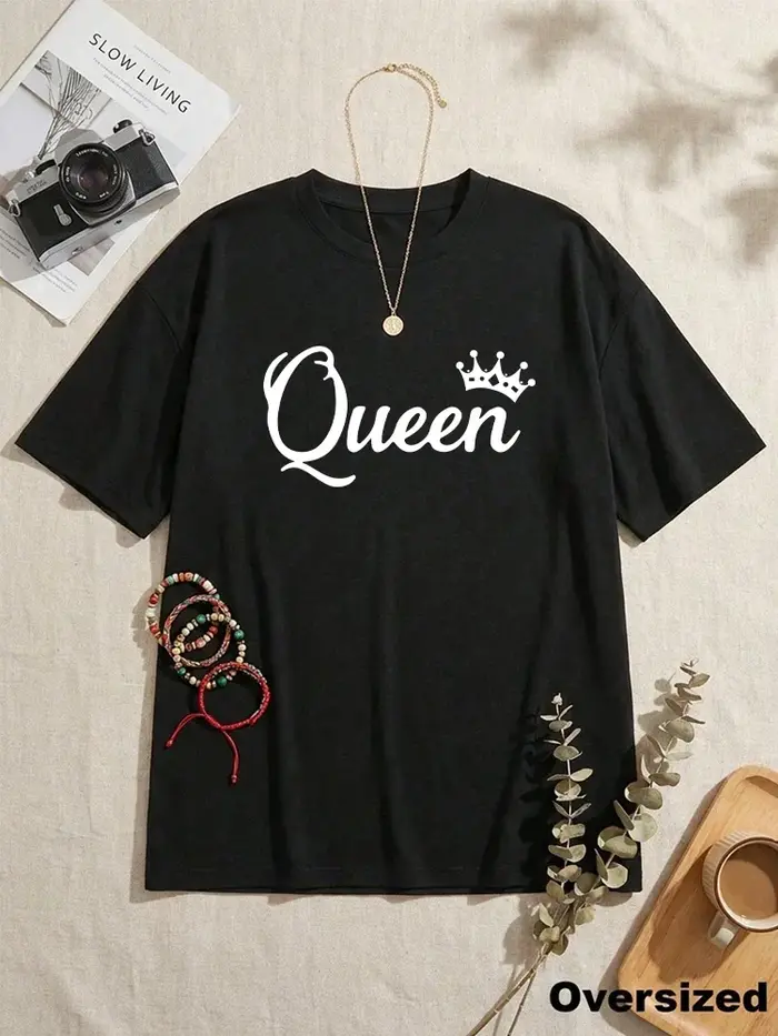 T-shirt Oversize Imprimé Queen 2026 Nouvelle Collection Femme Printemps-Été – Haut Décontracté Quotidien à Manches Courtes en Coton – Vêtements Féminins