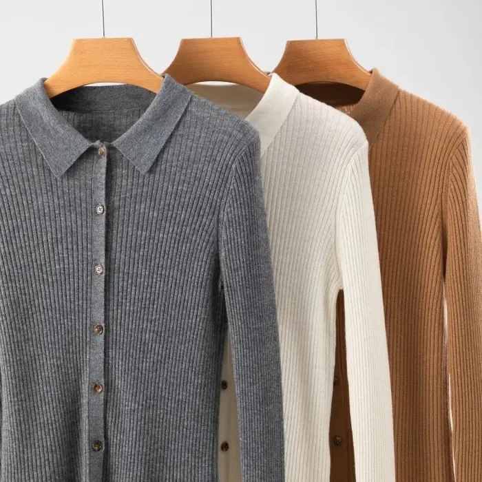 Cardigan en tricot à col polo en laine mérinos 100 % super fine pour femme