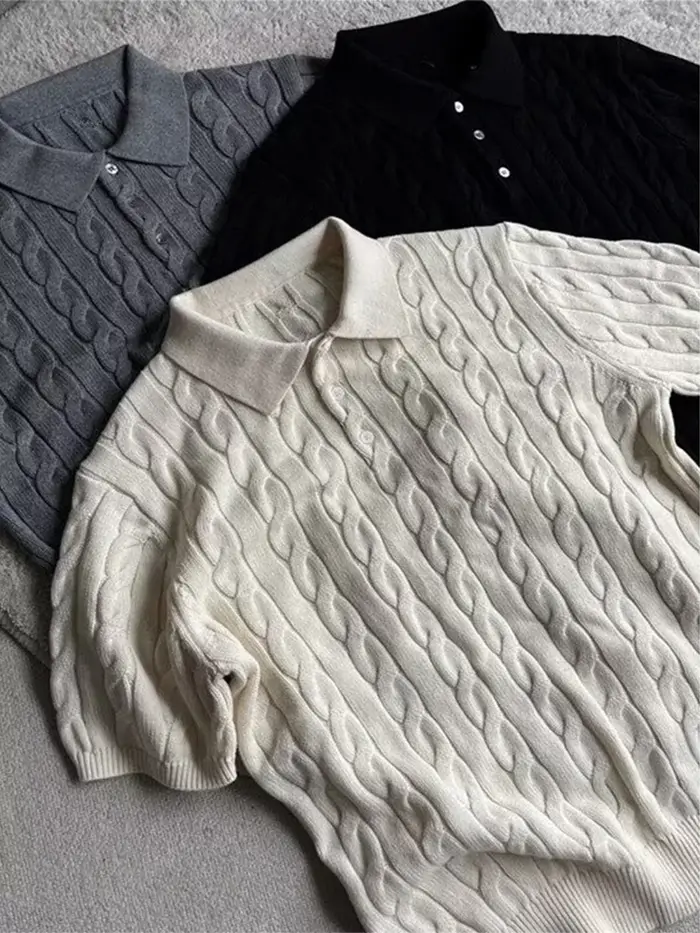 À la mode Slim Fit hommes tricoté polos été décontracté torsion Jacquard hauts en tricot