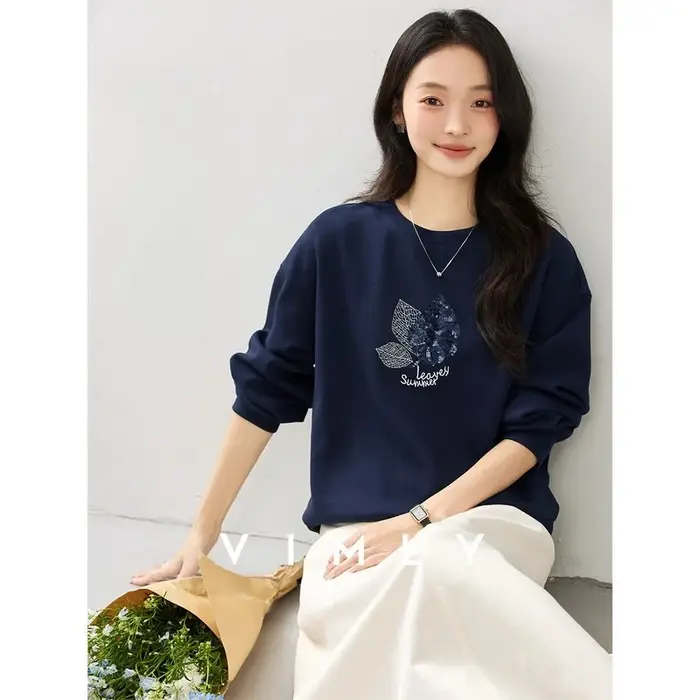 Sweat-shirt pour femme VIMLY bleu marine, collection automne 2026, brodé de sequins, col rond, manch