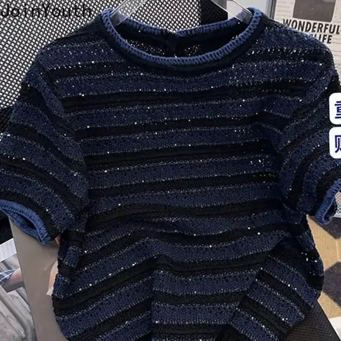 Chemises pour femmes tricot t-shirts 2025 Ropa Mujer à manches courtes col rond rayé