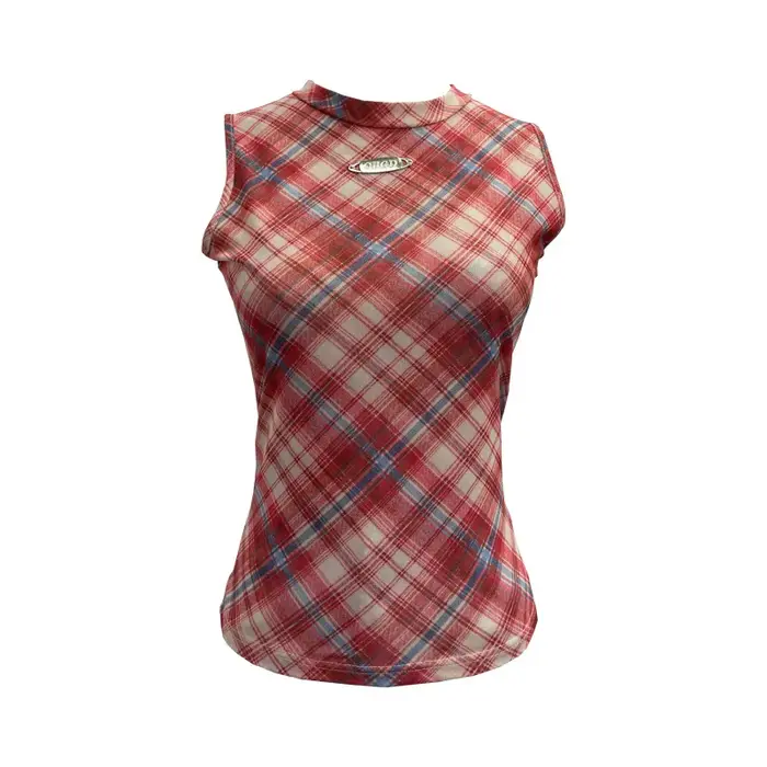 ISAROSE Vintage débardeurs pour femmes été sans manches Plaid maille extensible Double couches col rond mince hauts courts vêtements de sport