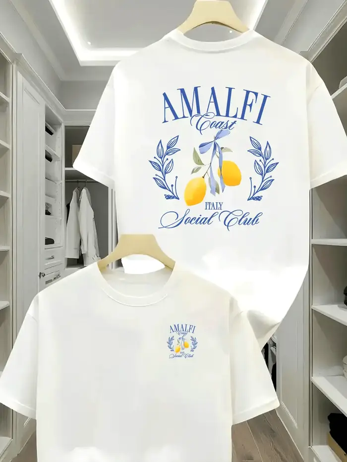 T-shirt pour homme inspiré de la côte italienne avec des citrons d'Amalfi et des lettres bleues élégantes