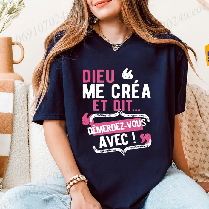 T-shirts pour femmes T-shirt décontracté à col rond avec citation française "Dieu Me C'est Mon Saint" - Haut à manches courtes avec lettres ludiques imprimées