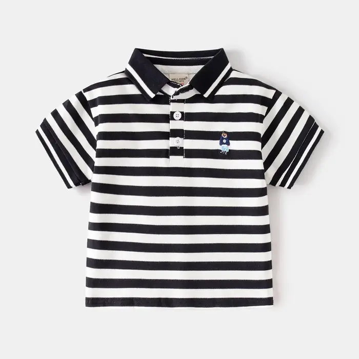 T-shirt Polo à Revers pour Garçons de 2-7 Ans, Broderie Ours Cartoon, Manches Courtes, Uni ou Rayé,