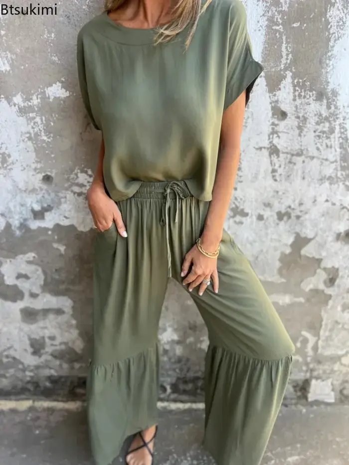 Nouveaux ensembles 2 pièces pour femmes : T-shirts amples à manches courtes et pantalons longs à volants