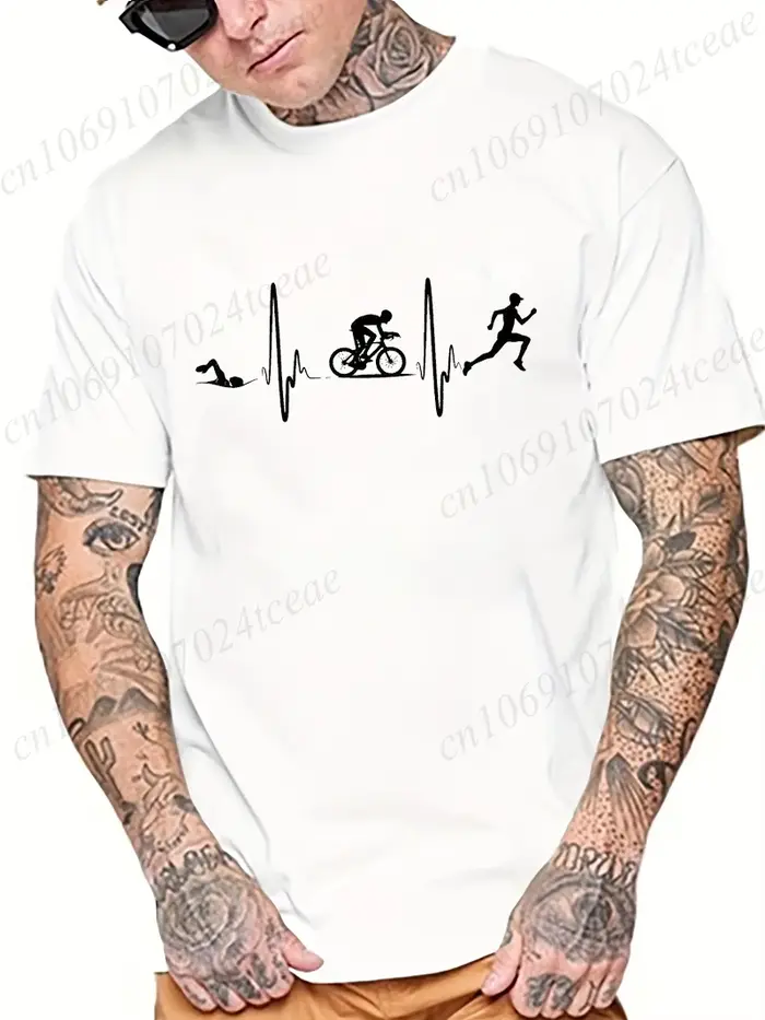 Hommes mode t-shirt décontracté hauts Cool drôle Triathlon battement de coeur conception impression