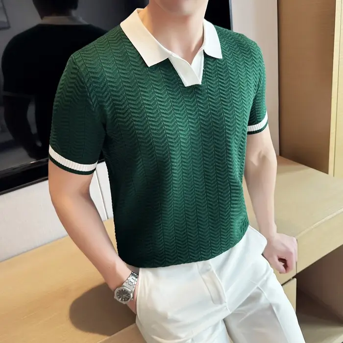 Mode nid d'abeille Texture contraste couleur t-shirts hommes tricotés polos été à manches courtes mince hauts élastique