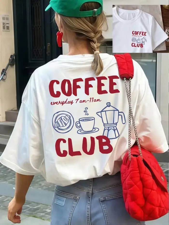 T-shirt pour femme avec motif Coffee Club, haut à manches courtes imprimé rétro café et petit-déjeun