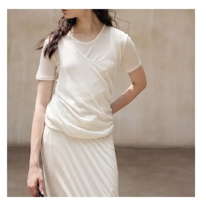 T-shirt à manches courtes pour femmes, avec faux ourlet torsadé irrégulier en deux pièces, en laine 