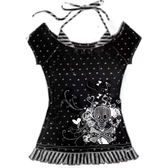 Sous-culture rétro Hottie T-shirts américain Harajuku crâne imprimé t-shirt Punk faux deux à pois T-