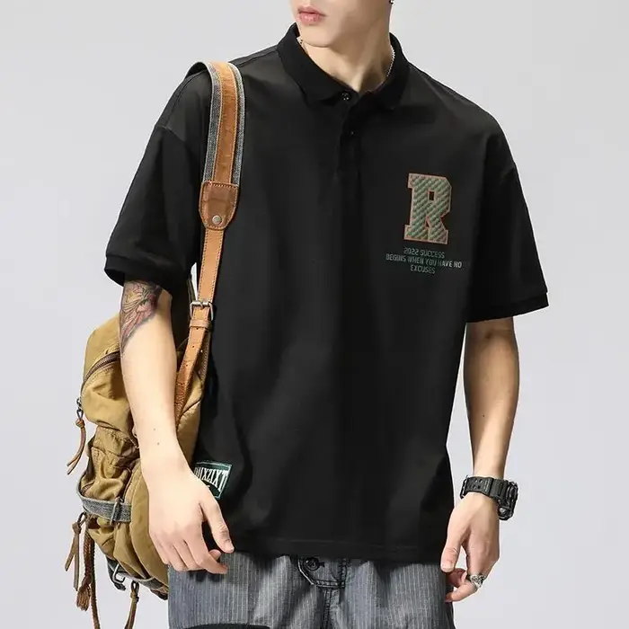 T-shirts amples avec lettres rétro américaines, vêtements pour hommes, col Polo, boutons, nouveaux m