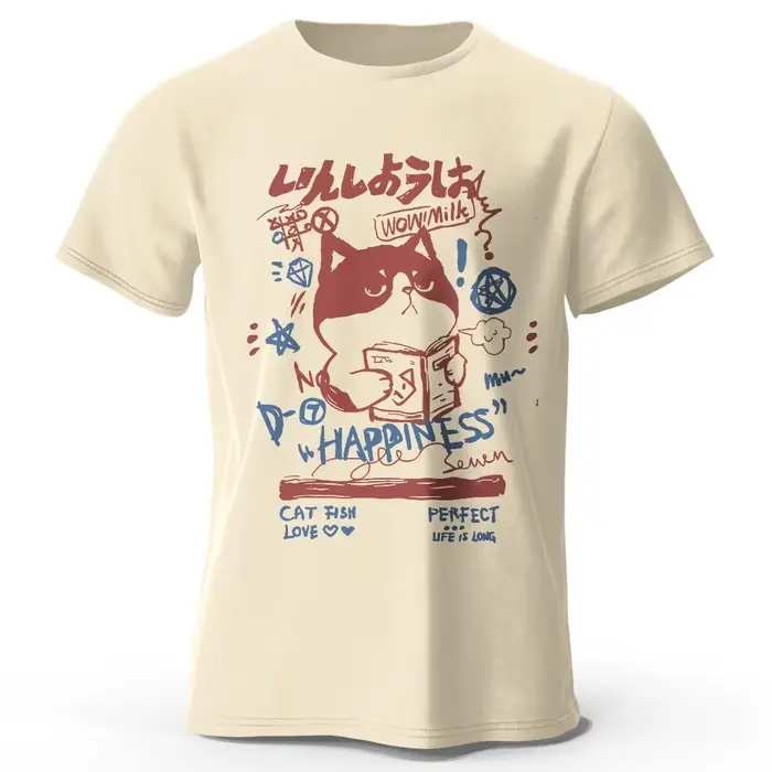 Kawaii Cat Doodle Harajuku imprimé 100% coton T-Shirt