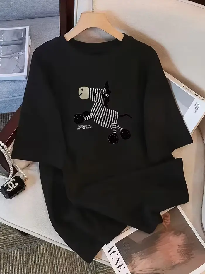 T-shirt décontracté chic à manches courtes avec imprimé zèbre, Nouveauté été 2025, Coupe ample et po