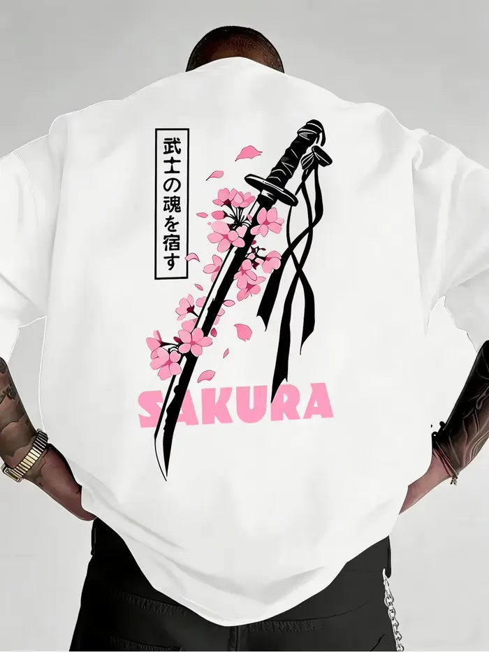 T-shirts en coton imprimé Sakura Katana japonais pour hommes, t-shirt d'été à col rond et manches co