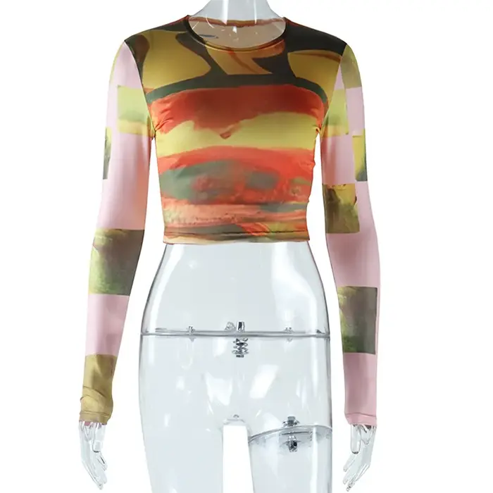 T-shirt court imprimé tie-dye pour femme, col rond, manches longues