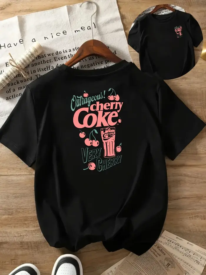 T-shirt graphique vintage Cherry Coke pour femme - Haut à manches courtes et col rond d'inspiration rétro avec motif esthétique sur le devant